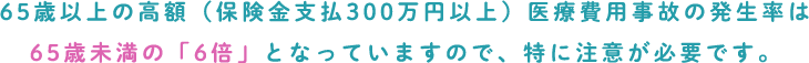 65歳以上の高額（保険金支払300万円以上）医療費用事故の発生率は65歳未満の「6倍」となっていますので、特に注意が必要です。